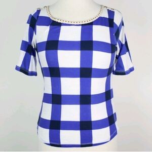 Anthropologie Postmark Womens Blue White Checkered Cotton 3/4 Sleeve Top Medium
